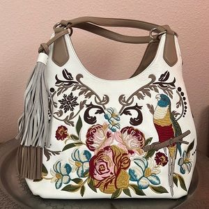 Sharif leather embroidered hobo bag. White taupe colors. Excellent condition.
